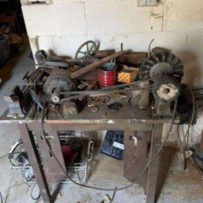 Wooden Work Bench With Contents
