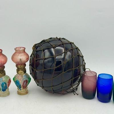Vintage Glass Mini Hurricane Lamps, Gazing Ball, & Cups
