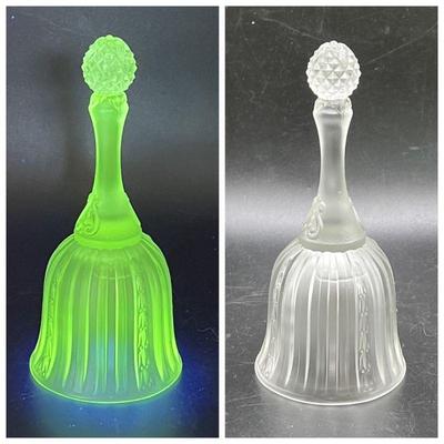 Fenton Crystal Satin Ribbed Bell with Green Glow in Black Light
