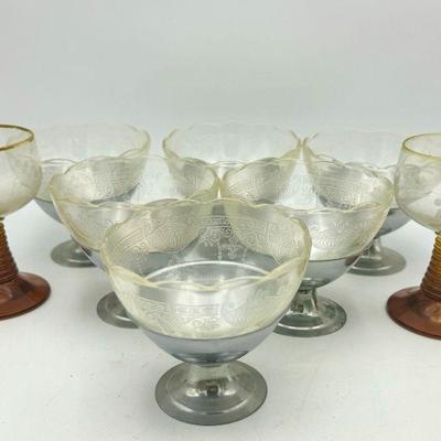 (6) Vintage Dessert Cups & (2) Amber Ribbed Stem Wineglasses
