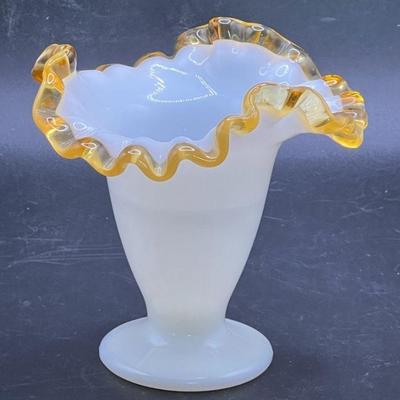 Vintage Fenton Amber Crest Crimped Ruffled Vase
