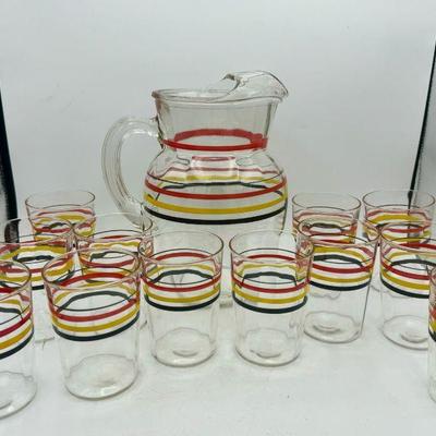 MCM Striped Pitcher & (12) Drinking Glasses
