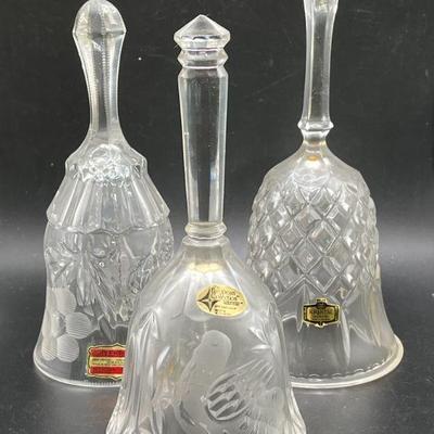 (3) 24% Lead Crystal Bells
Made in Yugoslavia, Bleikristall made in Western Germany, & The European Collection made in W. Germany.