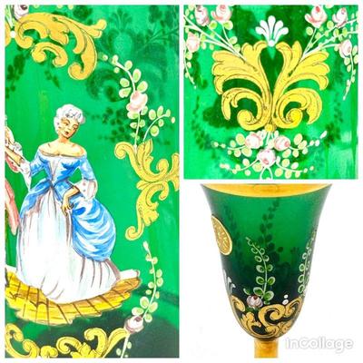 Handpainted Italian Emerald Glass Decanter & (6) Cups
