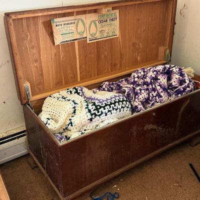 Cedar Chest Filled With Vintage Linens & Blankets Mystery Lot
