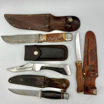 (4) Knives With Holsters Sharp, Colonial & Globemaster

