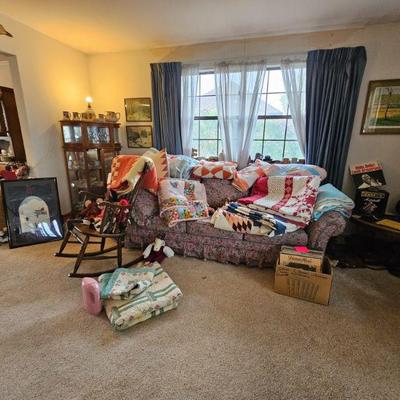 Living Room- Couch with all Handmade Antique /Vintage Quilts-NOTE MORE QUILTS IN SEWING ROOM- MOSTLY STORE BOUGHT PICS to Come