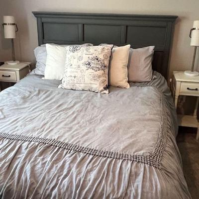 Queen size bed with grey panel headboard 