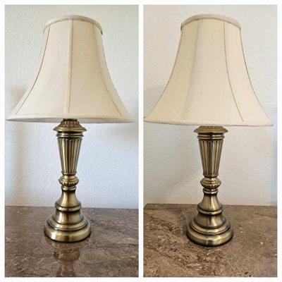 Set of TWO Brass Table Lamps - Each 26" Tall w/ Off white Shade 
