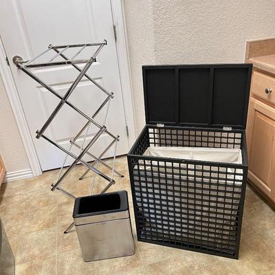 Laundry Lot - wicker laundry basket, trash can & collapsing clothing rack 