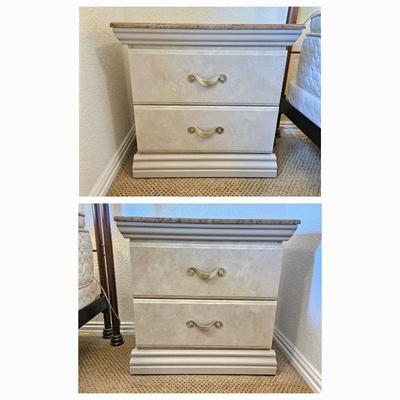 Set of Two Night Stands in Creams and Neutral Tones - Faux Marble Tops and Two Drawers