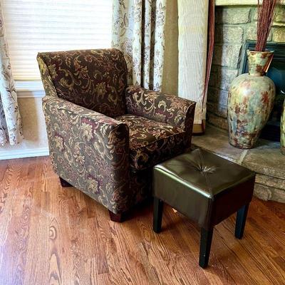 Chocolate Brown Jacobean Armchair and faux leather ottoman