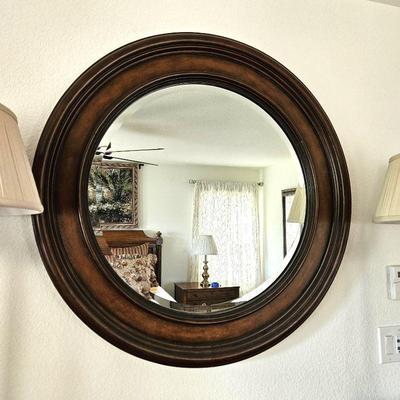 Ethan Allen Round Bevelled Wall Mirror with Ornate Solid Thick Wood Frame - 40