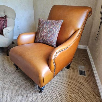 Ethan Allen Club Chair in Caramel Colored Leather - On Casters - Accented w/ Antique Brass Studs