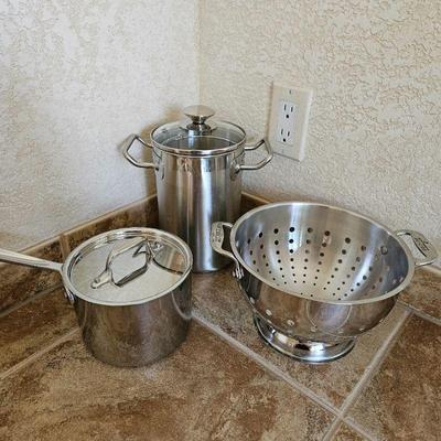 All-Clad Stainless 6" Pot w/ Lid & Strainer Plus Wegmans 3.5qt Stainless Asparagus Steamer 