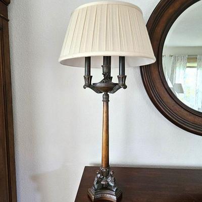 Ethan Allen Tall 33" Table Lamp w/ Three Lights -Made with Solid Bronze Base & Solid Wood Column