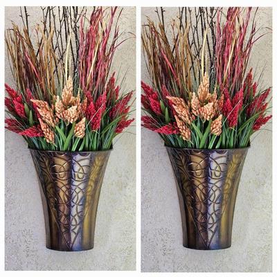  Set of Two Matching Wall Planters w/ Colorful Faux Floral - 45" High including Floral (13" Planter)
