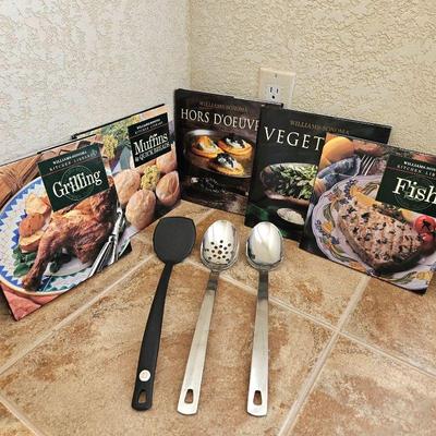  Set of Five William Sonoma Cookbooks Plus Three 14" William Sonoma Kitchen Utensils Spoons & Spatula 
