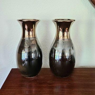 Set of Two 12" Decorative Vases with Reflective Metallic Glaze 