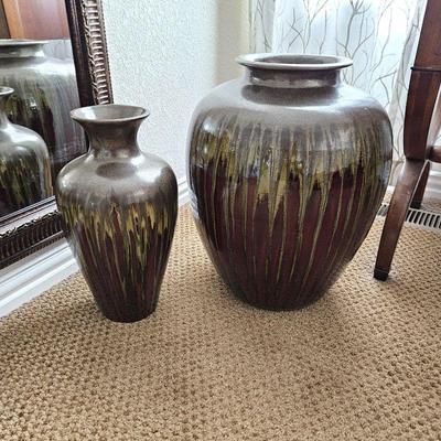 Set of Two Stoneware Pots w/ Iridescent Colors Drip Glaze - Vase / Pottery