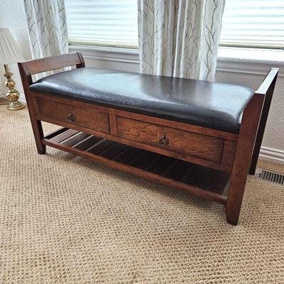 Mission Style Wood Sitting Bench w/ Storage Drawers and Black Vinyl Cushioned Seat  