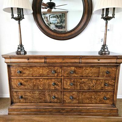Ethan Allen "Townhouse" Collection 9-Drawer Dresser in Burl Wood w/ Raised Side Panels 