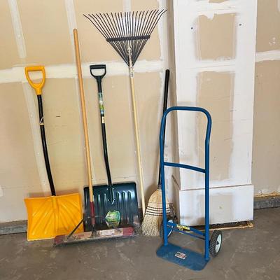 Garage Utility Tools Lot - Shovel, Rake, Broom, Hand Truck & More