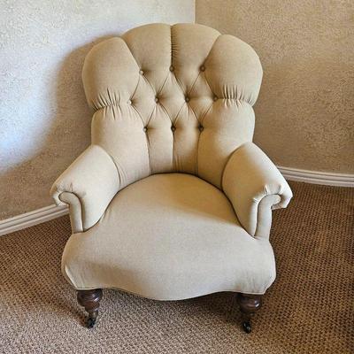 Classic Ethan Allen "Redgrave" Armchair on Casters w/ Tufted Back - Cream Colored Fabric 