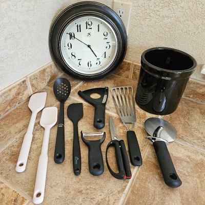 12" Round Kitchen Clock, Black Ceramic Utensil Jar Plus Nine OXO Kitchen Utensils