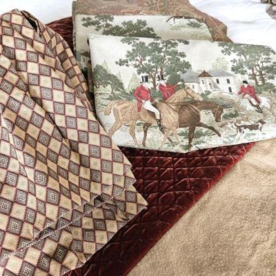Ethan Allen King Bedding Set - Bedspread, Bed Skirt and Two King Pillow Shams w/ Hunting Scenes