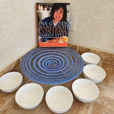 Lot of Six White Rice Bowls, Pretty Blue 14" Swirl Footed Serving Platter & Ina Garten Cookbook