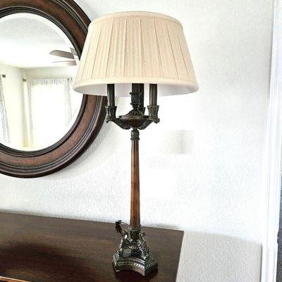 Ethan Allen Tall 33" Table Lamp w/ Three Lights -Made with Solid Bronze Base & Solid Wood Column