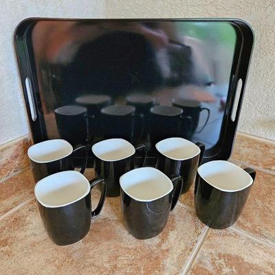 Set of Serving Tray and Six Black & White Coffee Mugs 