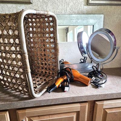 Lot of Bathroom Essentials - 18" Sq. Wall Mirror, Magnifying Mirror, Conair Hair Dryer & Towel Basket 