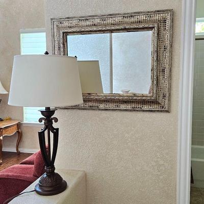 Bronze Tone Table Lamp and Decorative Mirror Combo