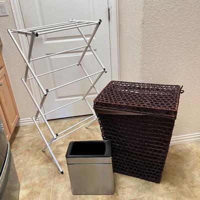 Laundry Lot - wicker laundry basket, trash can & collapsing clothing rack 