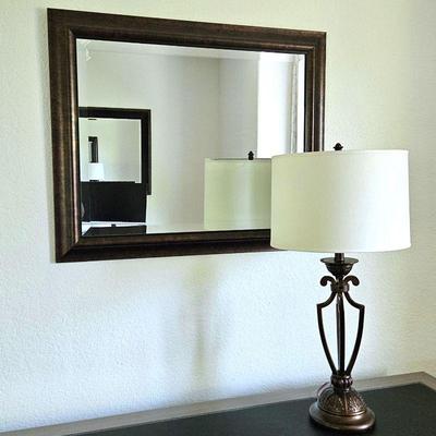 Table Lamp and Wall Mirror Set Both in Bronze Tone 