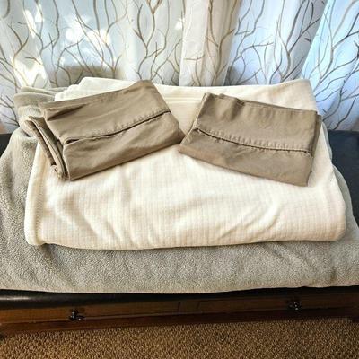Lot of Soft Queen Size Blankets and Pillow Cases - Greens & Off White