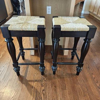 Set of Two Pottery Barn "Montego" Counter Height Barstools w/ Wicker Rush Seats
