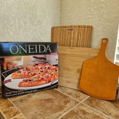 Set of Cutting Boards, Pizza Board and Brand New 14 3/4" Pizza Stone by Oneida 
