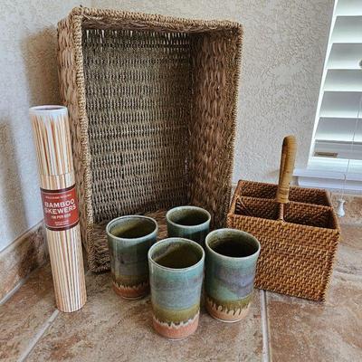  Large Wicker Basket and Flatware Caddy Plus William Sonoma Bamboo Skewers & Handmade Ceramic Tumblers 