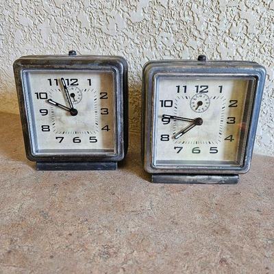Pair of Two Retro Industrial Style Pottery Barn Alarm Clocks 