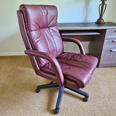 Office Chair on Wheels in Wine Colored Leather-Look Vinyl - Adjustable  