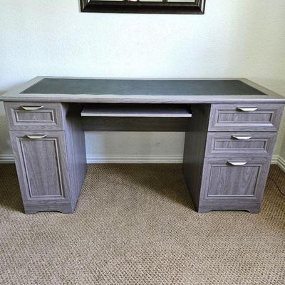 Driftwood Gray Office / Student Desk w/ Leather-Look Top - Filing Drawer, Keyboard Tray, and PC Cabinet 