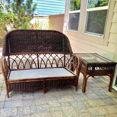 Ratan loveseat and Glass Top Coffee Table by BRAXTON CULLER