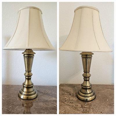 Set of TWO Brass Table Lamps - Each 26" Tall w/ Off white Shade 