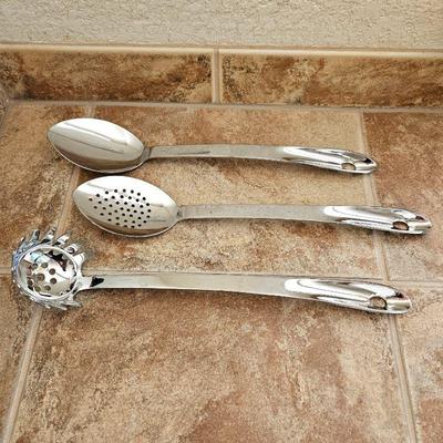 All-Clad Set of Three Stainless Steel 15" Serving Spoons and Pasta Ladle
