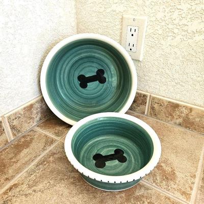 Set of Two Large Ceramic Glazed Dog Bowls - Food and Water 