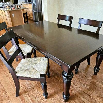 Pottery Barn "Montego" Solid Wood Dining Table & Four Chairs - Comes with Two Leaves - Wicker Rush Seats