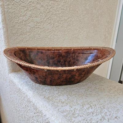 Unique Heavy Ceramic Decorative Bowl in Brown & Black Glaze w/ Woven Wicker Edging Around the Top 